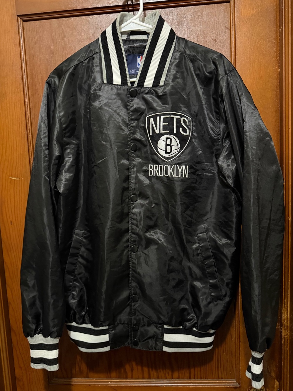 NBA G-III Brooklyn Nets Men's Black Satin Varsity Jacket